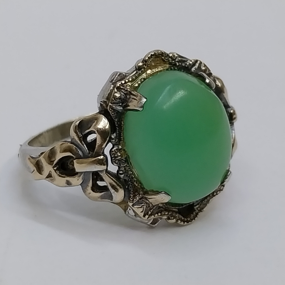 Antique Art Nouveau Clark Cloombs Chrysoprase Cabochon Ring Sterling 10K 5.5 - Picture 3 of 9